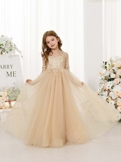 A-Line/Princess Lace 3/4 Sleeves Scoop Neck Floor-Length Flower Girl Dresses