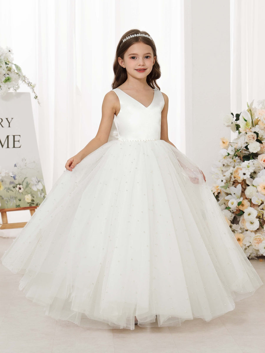 Ball-Gown Tulle Satin Sleeveless V-Neck Floor-Length Flower Girl Dresses