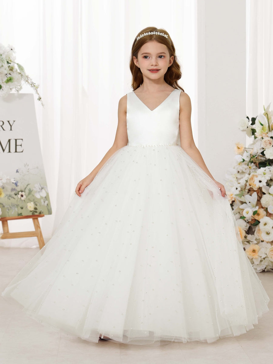 Ball-Gown Tulle Satin Sleeveless V-Neck Floor-Length Flower Girl Dresses