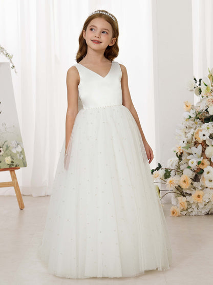 Ball-Gown Tulle Satin Sleeveless V-Neck Floor-Length Flower Girl Dresses