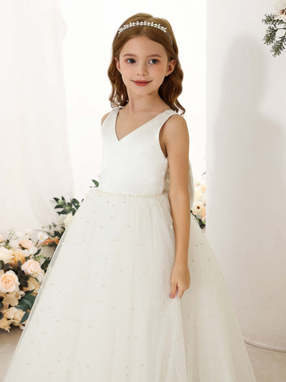 Ball-Gown Tulle Satin Sleeveless V-Neck Floor-Length Flower Girl Dresses