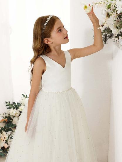 Ball-Gown Tulle Satin Sleeveless V-Neck Floor-Length Flower Girl Dresses