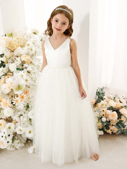 Ball-Gown Tulle Satin Sleeveless V-Neck Floor-Length Flower Girl Dresses