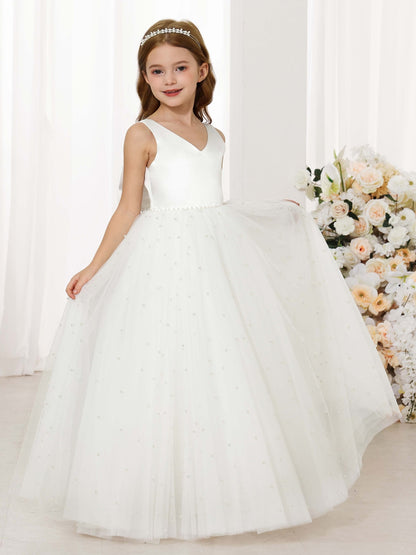 Ball-Gown Tulle Satin Sleeveless V-Neck Floor-Length Flower Girl Dresses