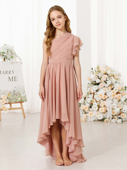 A-Line/Princess Chiffon Short Sleeves One-shoulder Asymmetrical Junior Bridesmaid Dresses