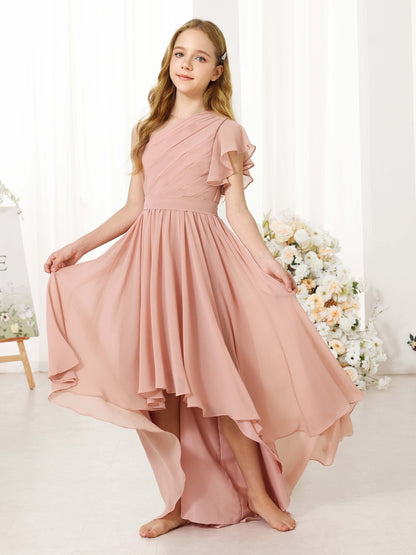 A-Line/Princess Chiffon Short Sleeves One-shoulder Asymmetrical Junior Bridesmaid Dresses