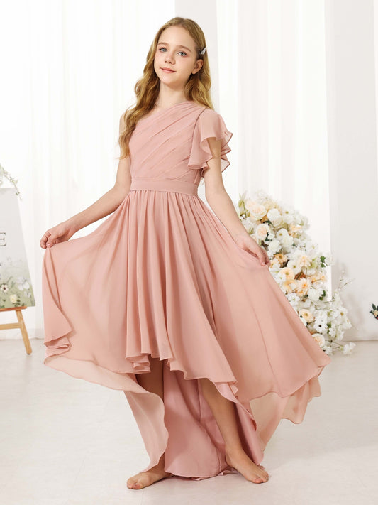 A-Line/Princess Chiffon Short Sleeves One-shoulder Asymmetrical Flower Girl Dresses