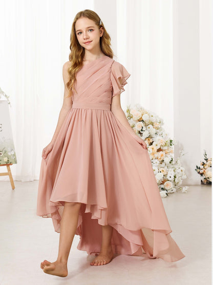 A-Line/Princess Chiffon Short Sleeves One-shoulder Asymmetrical Junior Bridesmaid Dresses