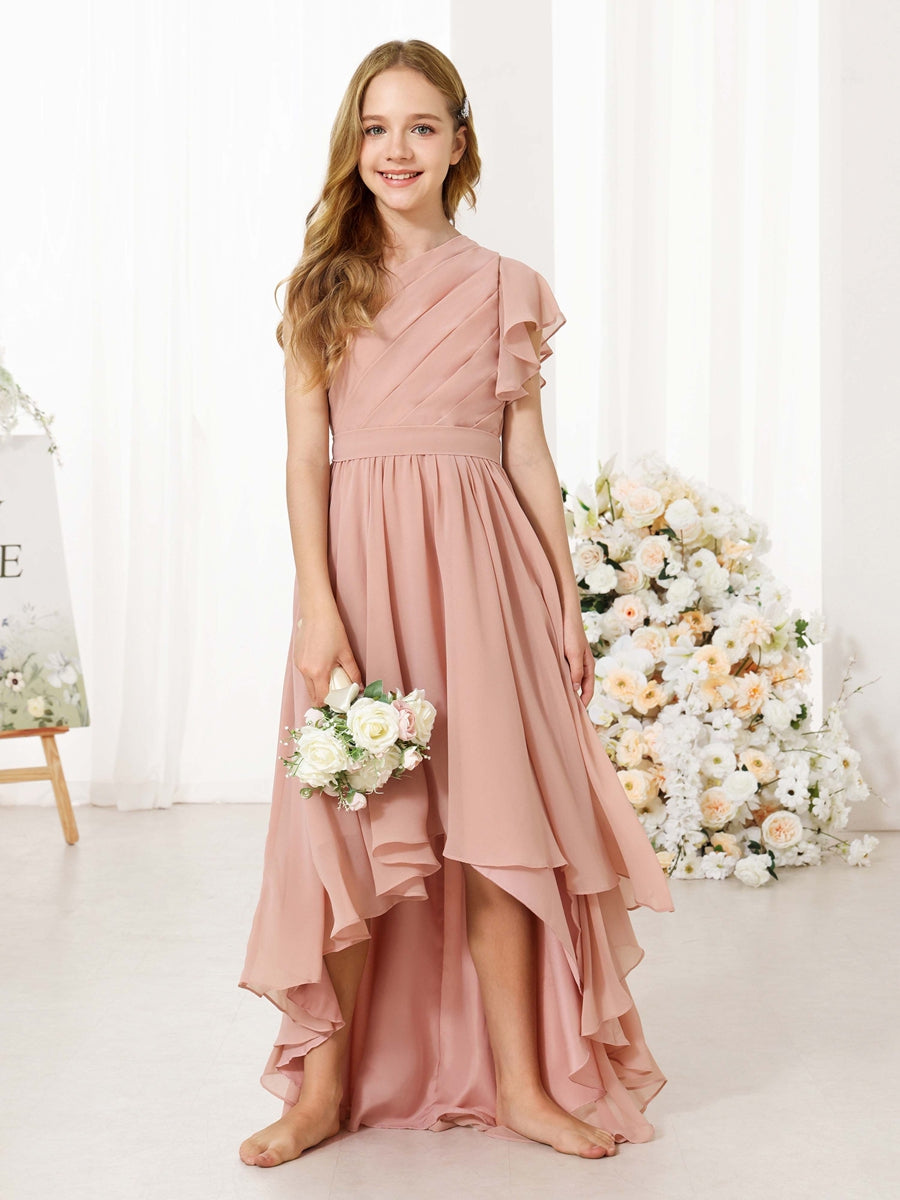 A-Line/Princess Chiffon Short Sleeves One-shoulder Asymmetrical Junior Bridesmaid Dresses