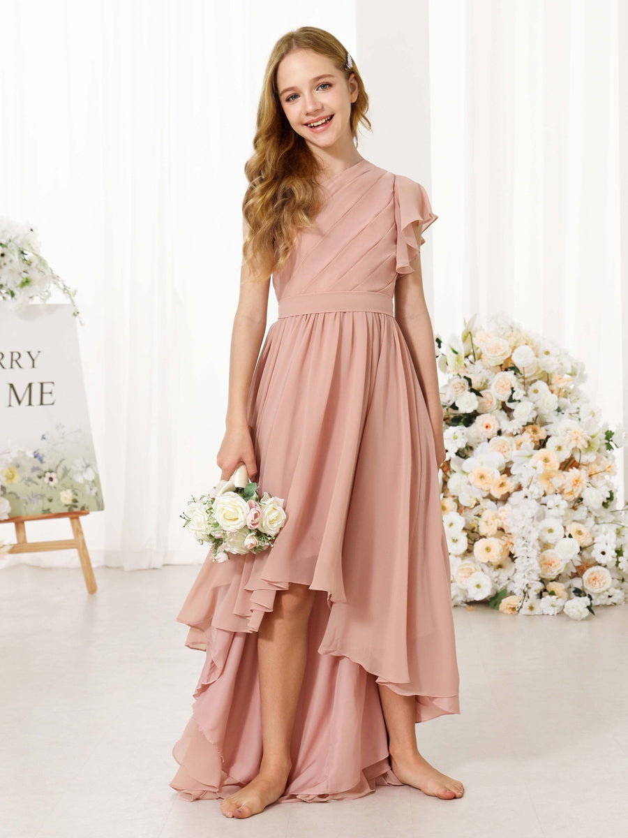 A-Line/Princess Chiffon Short Sleeves One-shoulder Asymmetrical Junior Bridesmaid Dresses