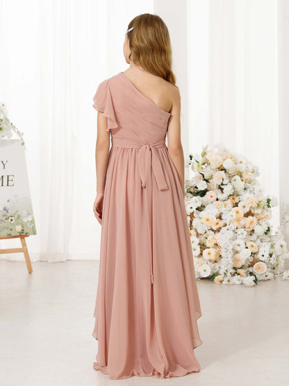 A-Line/Princess Chiffon Short Sleeves One-shoulder Asymmetrical Junior Bridesmaid Dresses