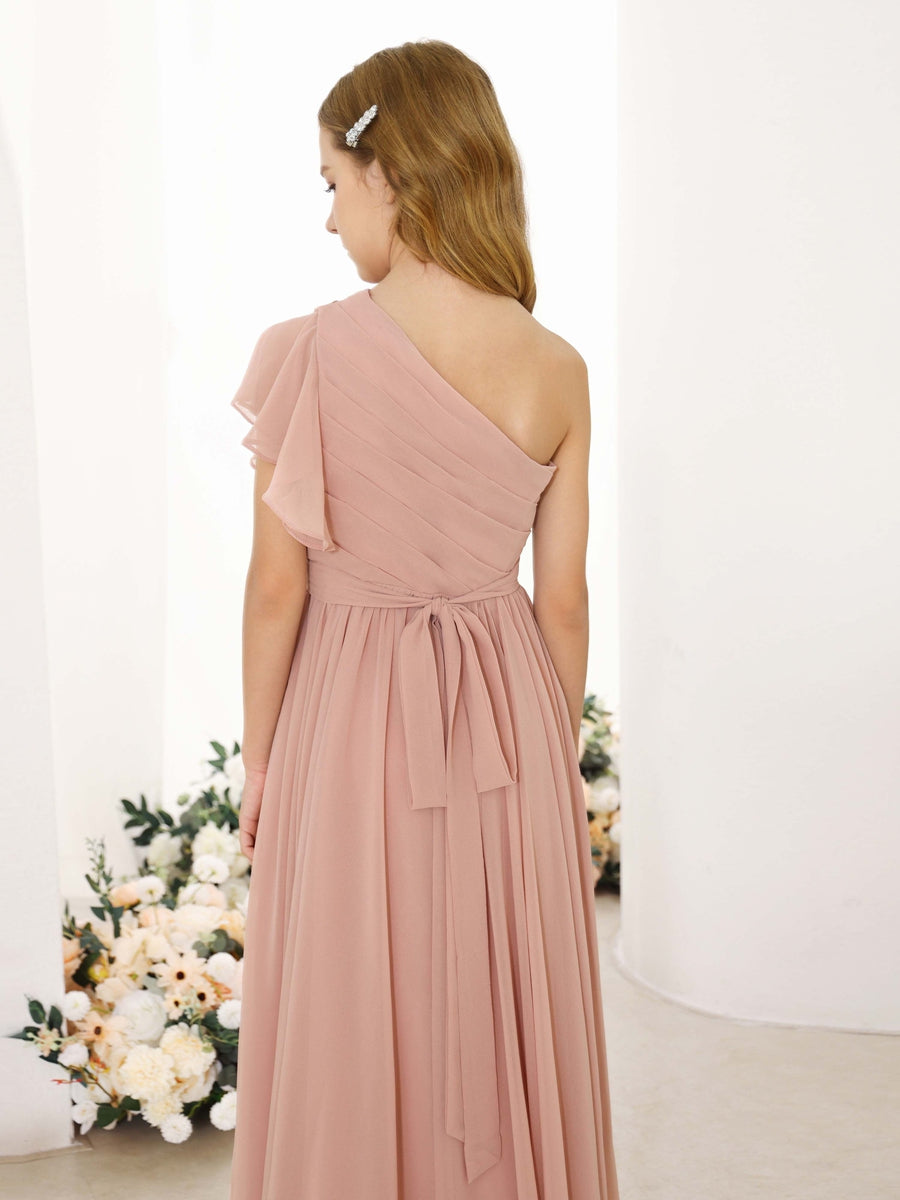 A-Line/Princess Chiffon Short Sleeves One-shoulder Asymmetrical Junior Bridesmaid Dresses