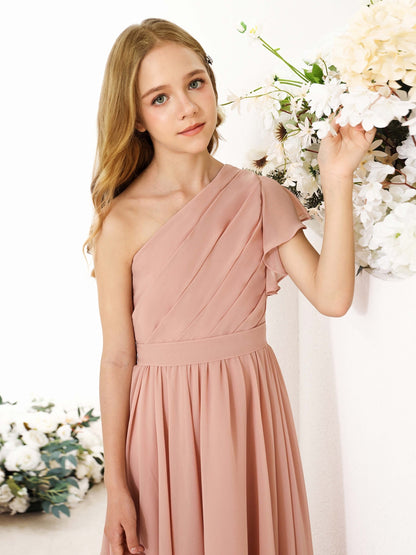 A-Line/Princess Chiffon Short Sleeves One-shoulder Asymmetrical Junior Bridesmaid Dresses