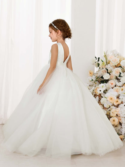 Ball-Gown Tulle Satin Sleeveless Scoop Neck Floor-Length Flower Girl Dresses