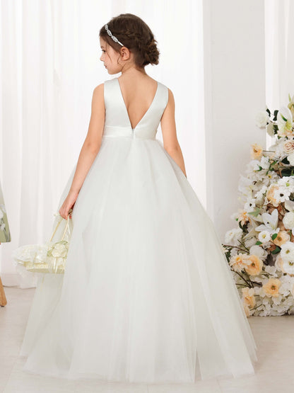 Ball-Gown Tulle Satin Sleeveless Scoop Neck Floor-Length Flower Girl Dresses