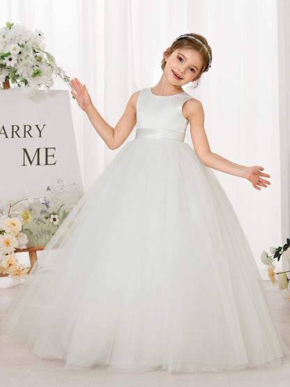 Ball-Gown Tulle Satin Sleeveless Scoop Neck Floor-Length Flower Girl Dresses