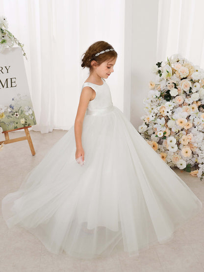 Ball-Gown Tulle Satin Sleeveless Scoop Neck Floor-Length Flower Girl Dresses