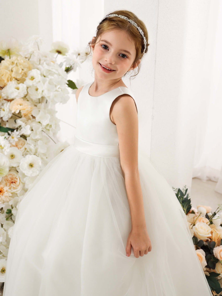 Ball-Gown Tulle Satin Sleeveless Scoop Neck Floor-Length Flower Girl Dresses