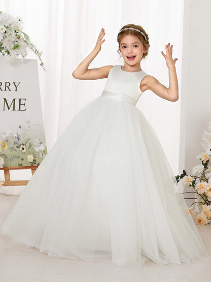 Ball-Gown Tulle Satin Sleeveless Scoop Neck Floor-Length Flower Girl Dresses