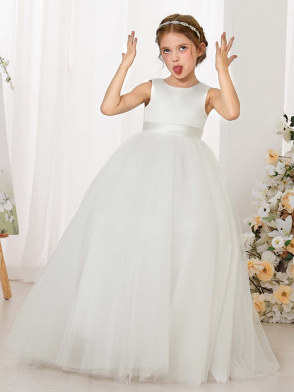 Ball-Gown Tulle Satin Sleeveless Scoop Neck Floor-Length Flower Girl Dresses