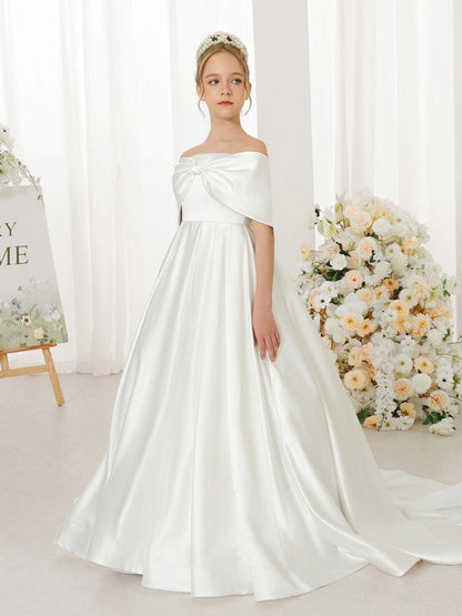 Empire Satin Short Sleeves Off-the-shoulder Floor-Length Flower Girl Dresses