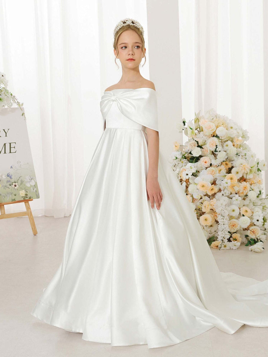 Empire Satin Short Sleeves Off-the-shoulder Floor-Length Flower Girl Dresses