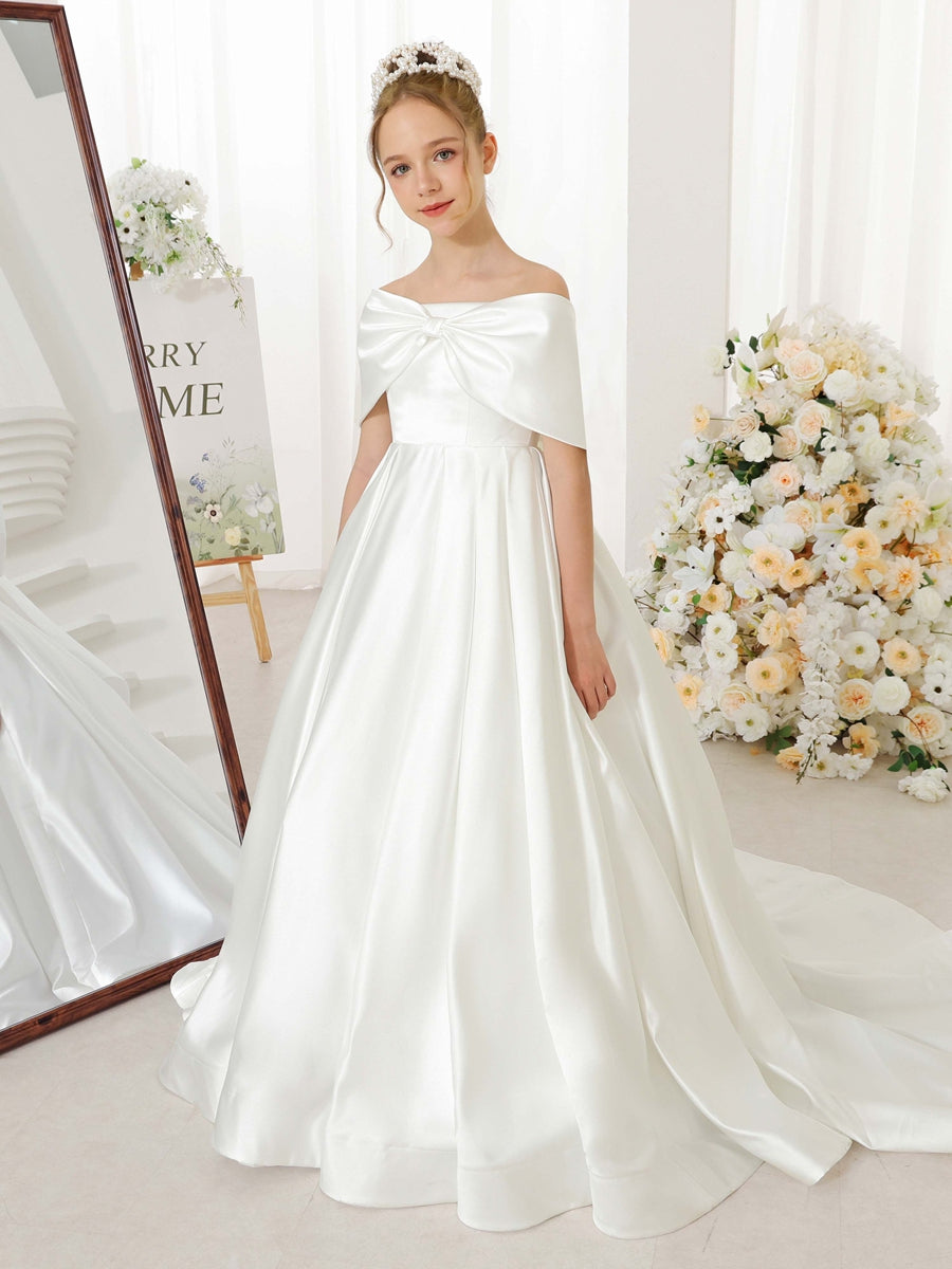 Empire Satin Short Sleeves Off-the-shoulder Floor-Length Flower Girl Dresses