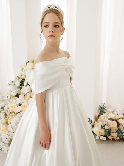 Empire Satin Short Sleeves Off-the-shoulder Floor-Length Flower Girl Dresses