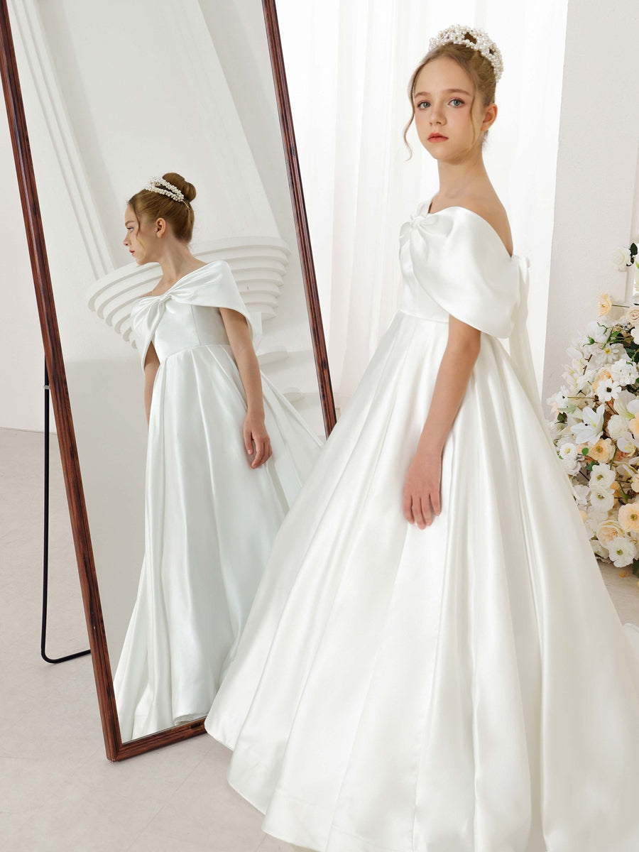 Empire Satin Short Sleeves Off-the-shoulder Floor-Length Flower Girl Dresses