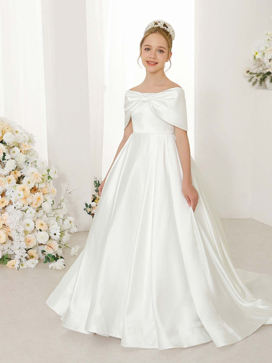 Empire Satin Short Sleeves Off-the-shoulder Floor-Length Flower Girl Dresses