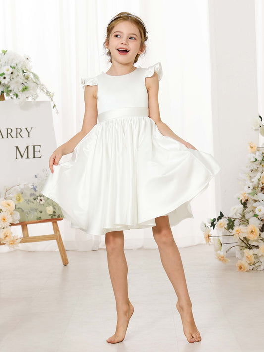 A-Line/Princess Satin Short Sleeves Scoop Neck Mini Flower Girl Dresses