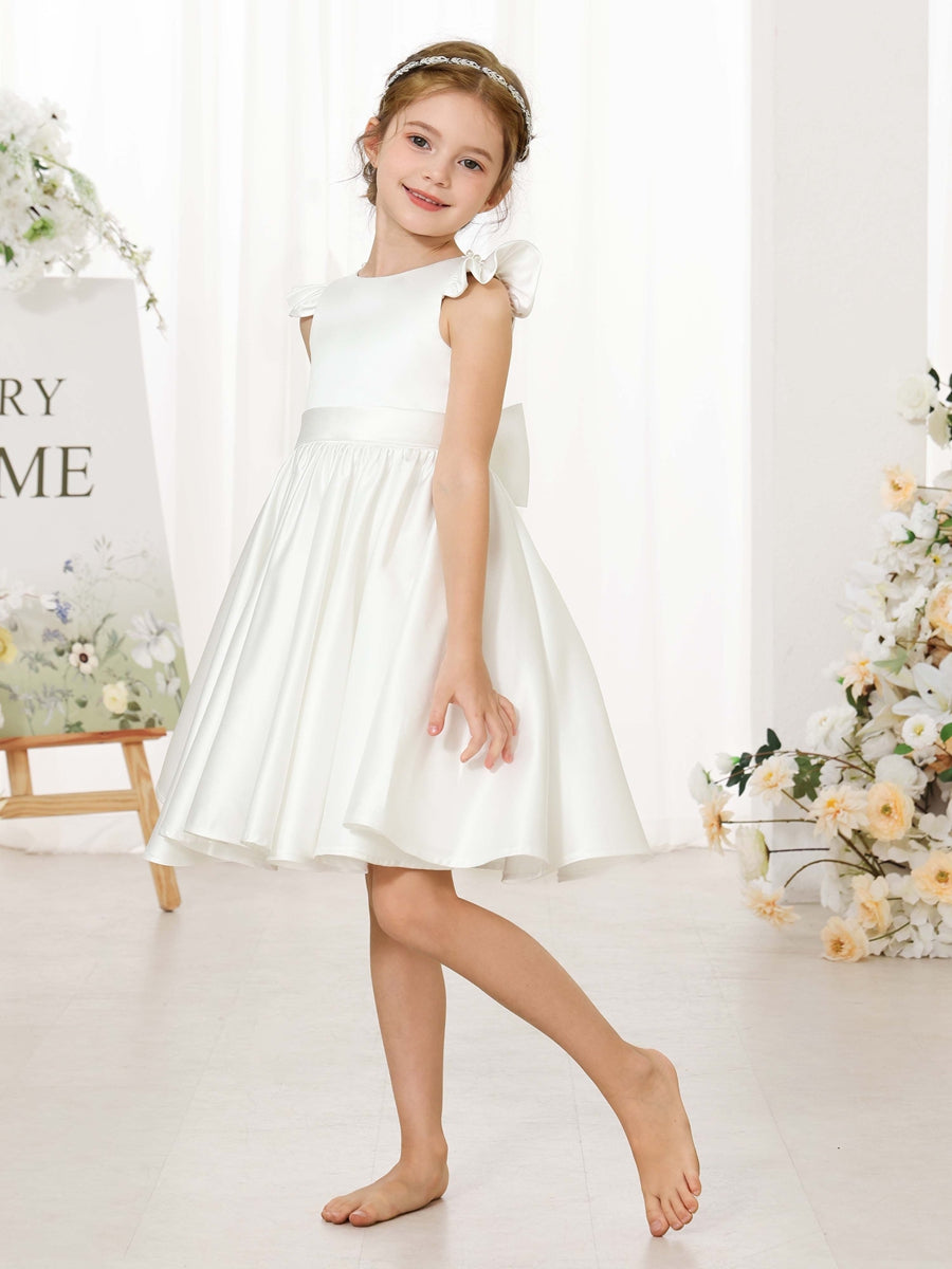 A-Line/Princess Satin Short Sleeves Scoop Neck Mini Flower Girl Dresses