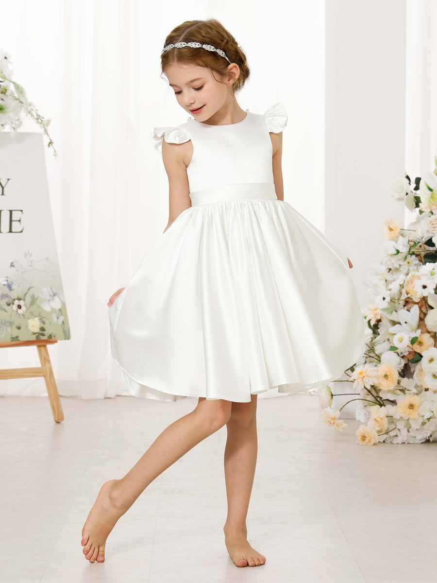 A-Line/Princess Satin Short Sleeves Scoop Neck Mini Flower Girl Dresses