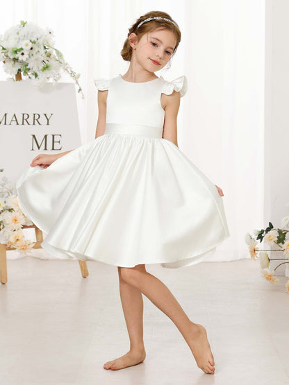 A-Line/Princess Satin Short Sleeves Scoop Neck Mini Flower Girl Dresses