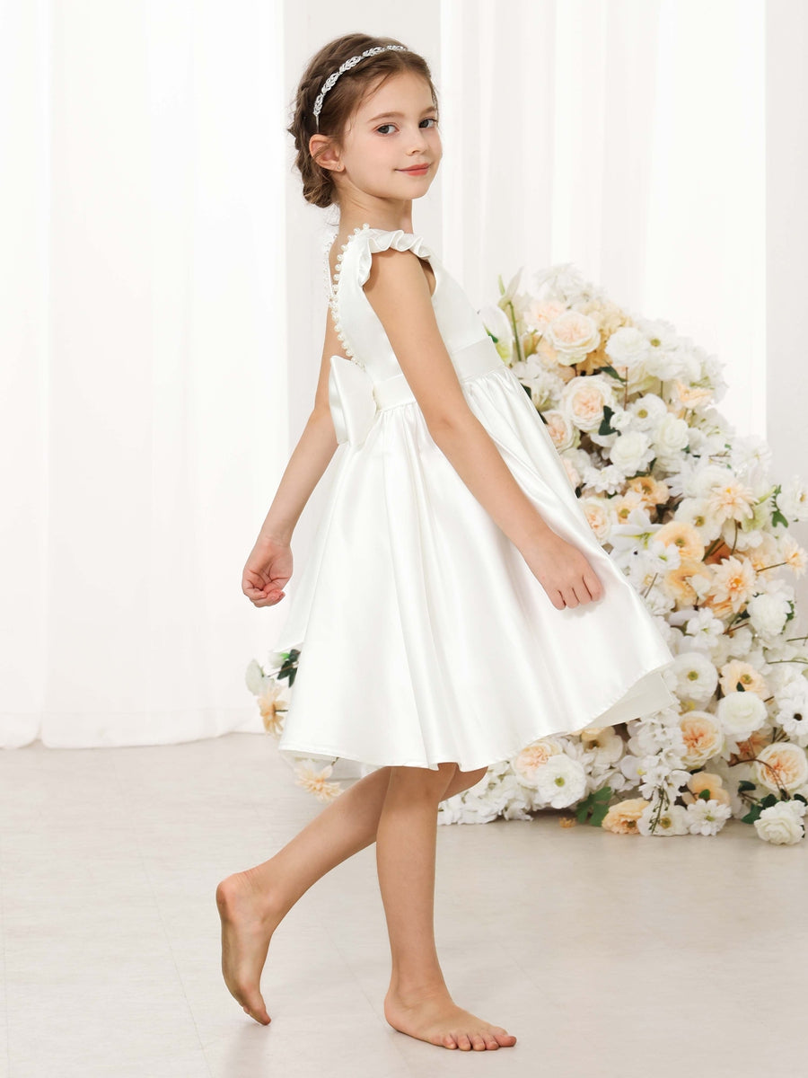 A-Line/Princess Satin Short Sleeves Scoop Neck Mini Flower Girl Dresses