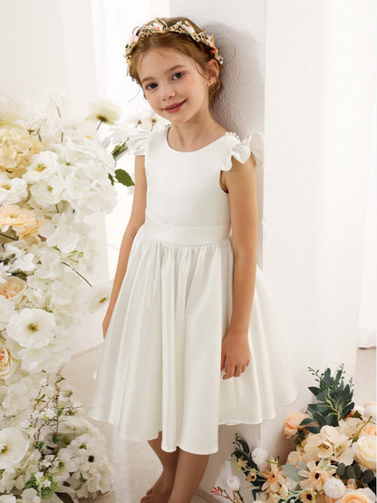 A-Line/Princess Satin Short Sleeves Scoop Neck Mini Flower Girl Dresses