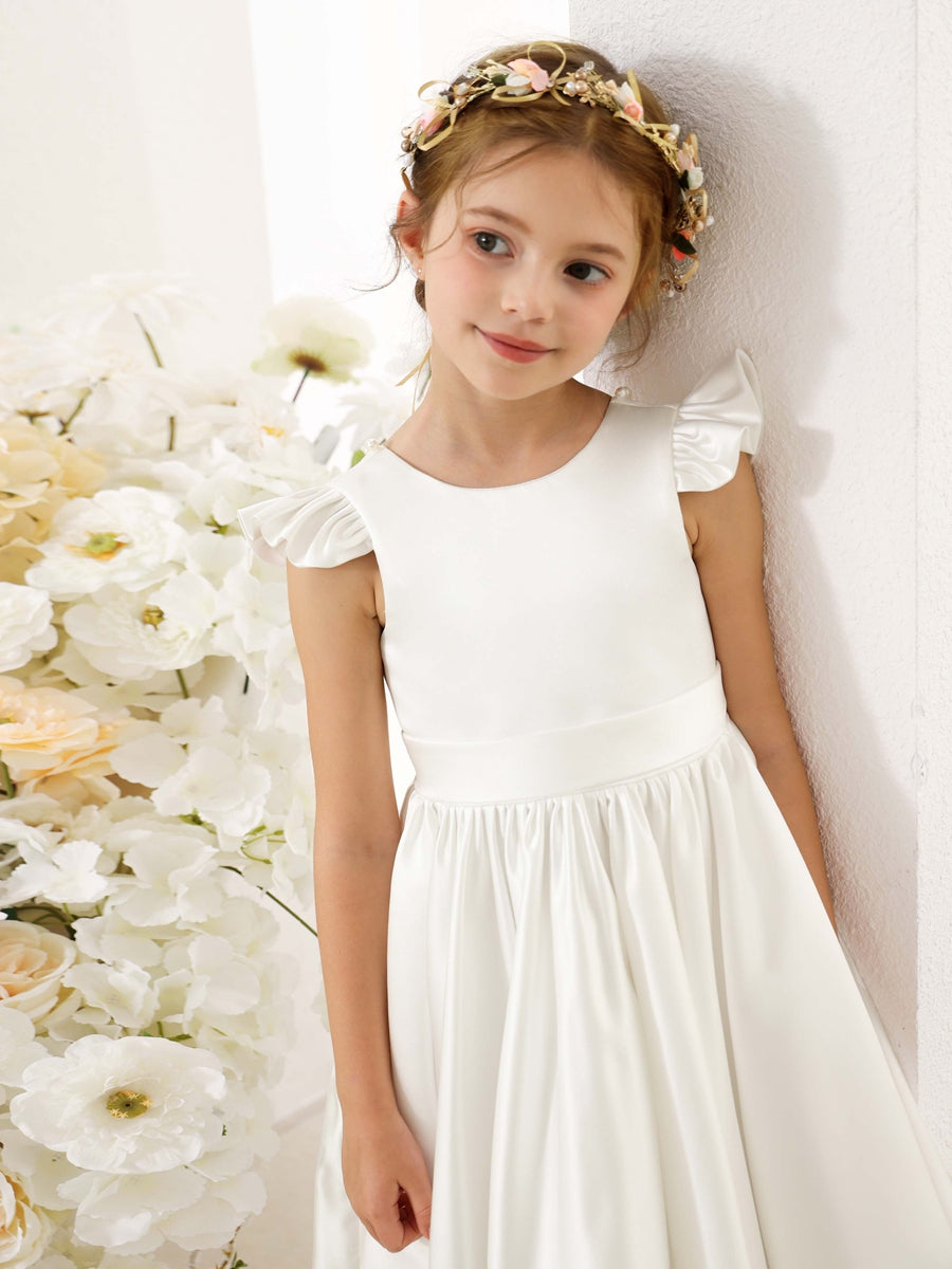 A-Line/Princess Satin Short Sleeves Scoop Neck Mini Flower Girl Dresses