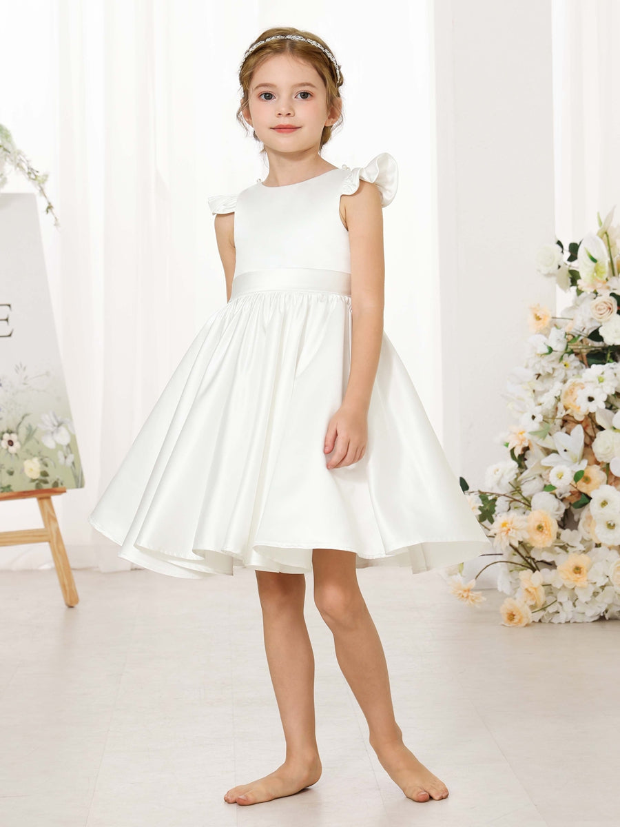 A-Line/Princess Satin Short Sleeves Scoop Neck Mini Flower Girl Dresses