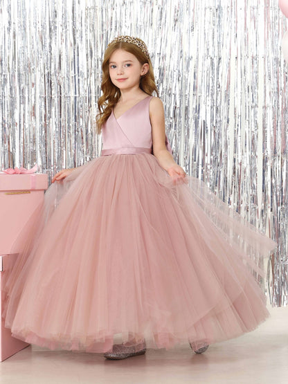 Ball-Gown Satin Sleeveless V-Neck Floor-Length Flower Girl Dresses