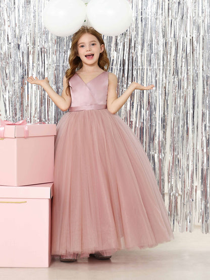 Ball-Gown Satin Sleeveless V-Neck Floor-Length Flower Girl Dresses