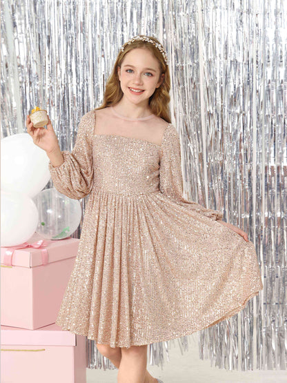 A-Line/Princess Sequin Long Sleeves Scoop Neck Knee-Length Flower Girl Dresses