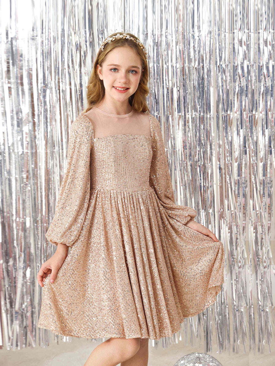 A-Line/Princess Sequin Long Sleeves Scoop Neck Knee-Length Flower Girl Dresses