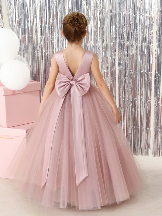 Ball-Gown Tulle Satin Sleeveless Scoop Neck Floor-Length Flower Girl Dresses