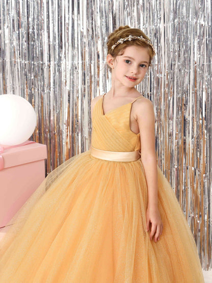 Ball-Gown Tulle Sleeveless V-Neck Floor-Length Flower Girl Dresses