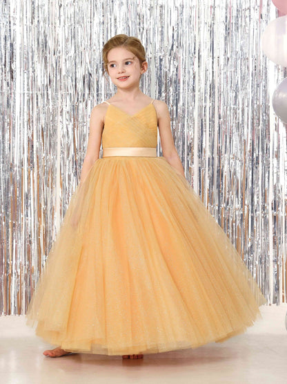 Ball-Gown Tulle Sleeveless V-Neck Floor-Length Flower Girl Dresses