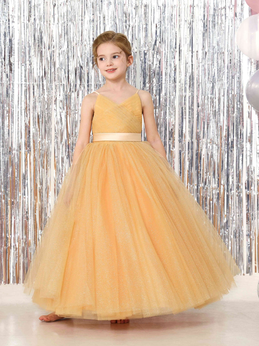 Ball-Gown Tulle Sleeveless V-Neck Floor-Length Flower Girl Dresses