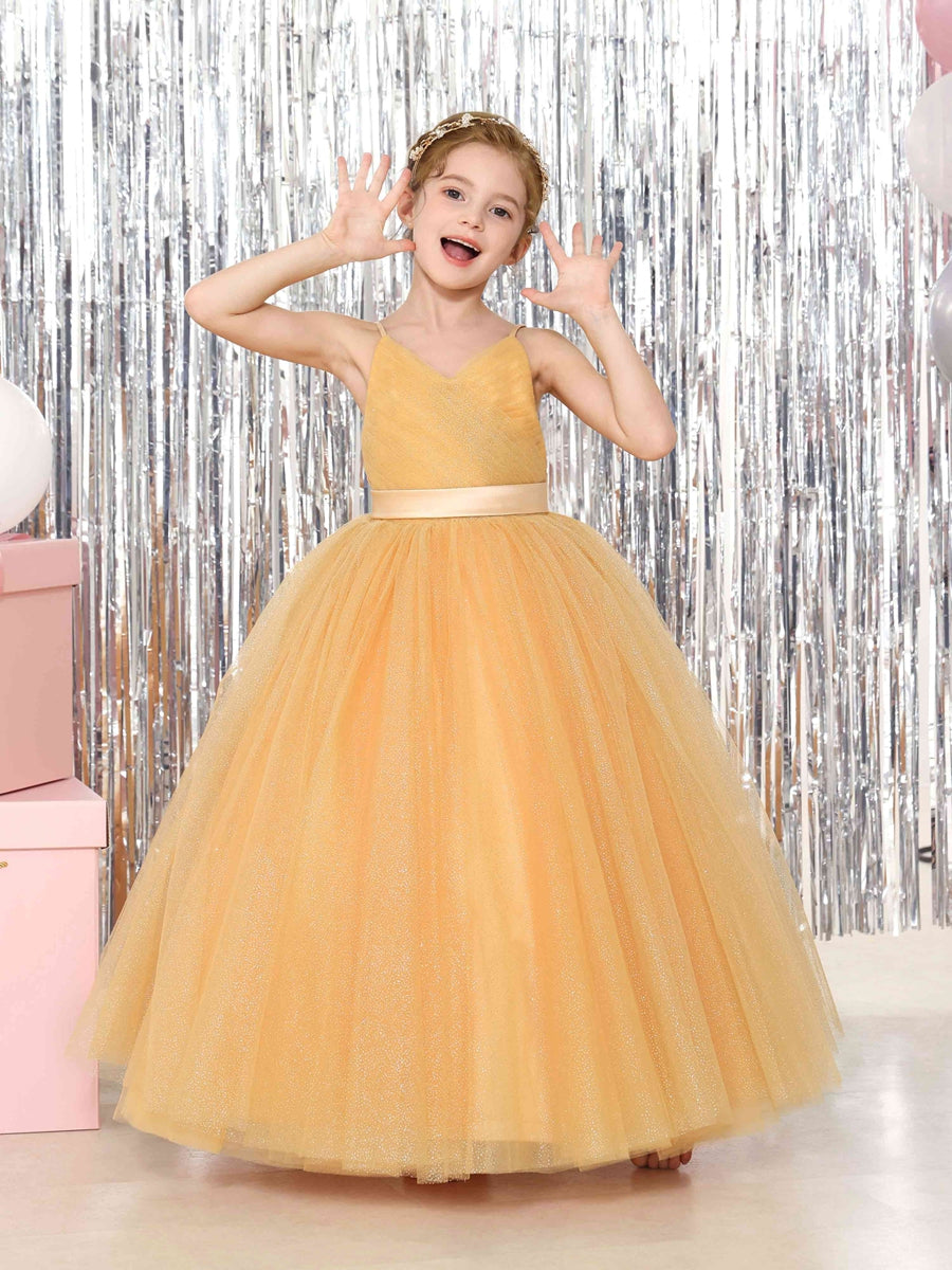 Ball-Gown Tulle Sleeveless V-Neck Floor-Length Flower Girl Dresses