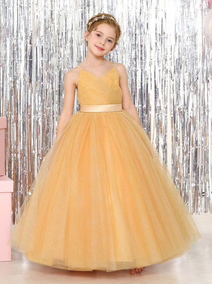 Ball-Gown Tulle Sleeveless V-Neck Floor-Length Flower Girl Dresses