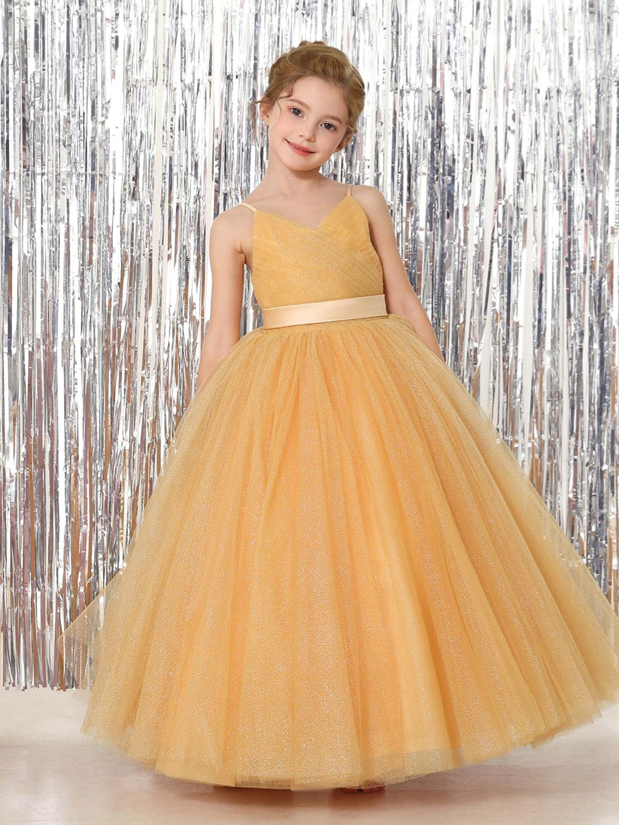 Ball-Gown Tulle Sleeveless V-Neck Floor-Length Flower Girl Dresses