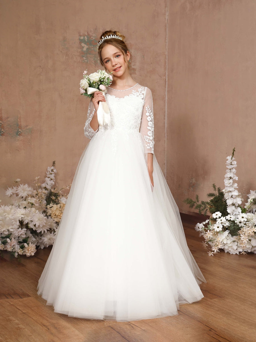 Ball-Gown 3/4 Sleeves Scoop Neck Floor-Length Flower Girl Dresses